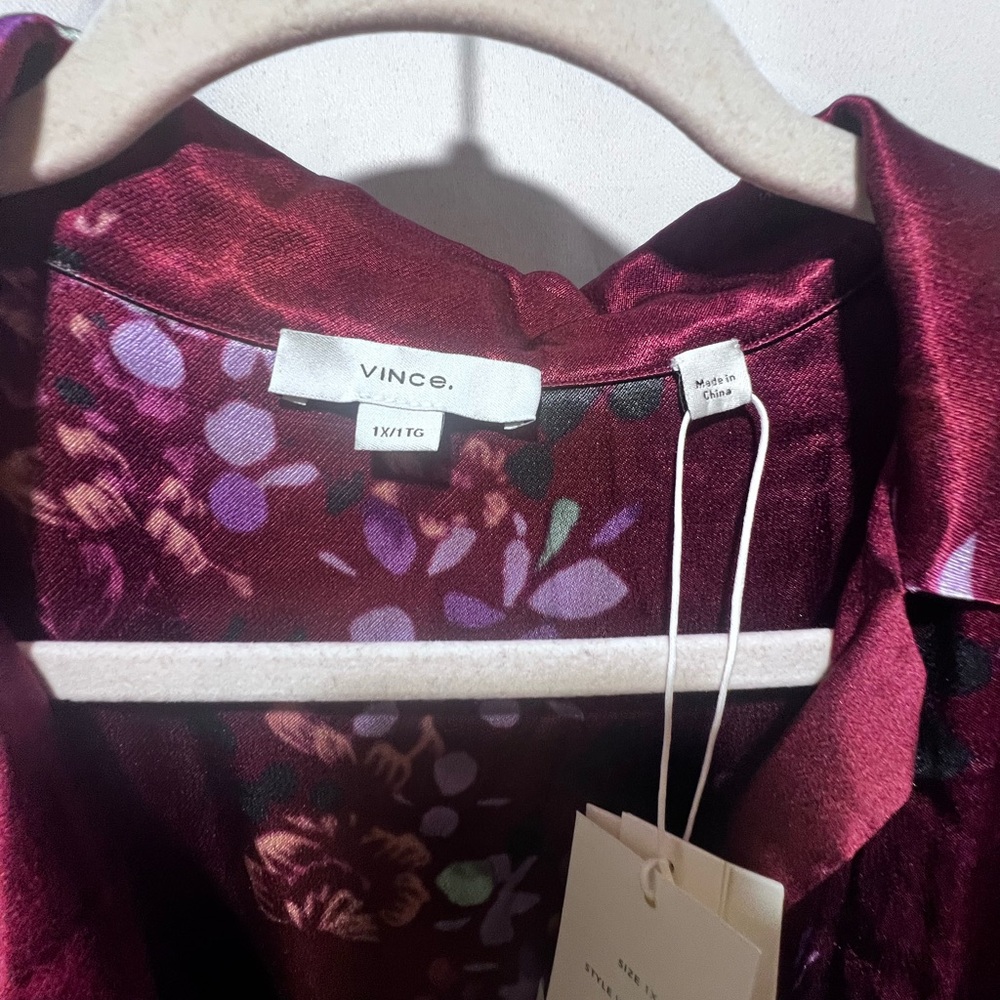 Vince Silk Floral Tie Waist Shirt Dress Burgundy Long Sleeve NWT 1X - Picture 7 of 10
